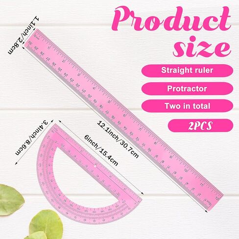 2 Pack Protractor and Ruler Set, Plastic 12 Inch Ruler and 6 Inch Protractor, Pink Clear Math Geometry Supplies for School Classroom Home Office Drawing in Kuwait
