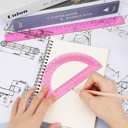 2 Pack Protractor and Ruler Set, Plastic 12 Inch Ruler and 6 Inch Protractor, Pink Clear Math Geometry Supplies for School Classroom Home Office Drawing in Kuwait