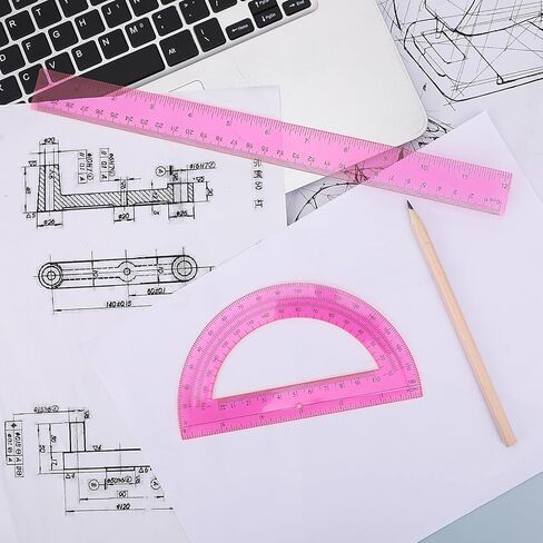 2 Pack Protractor and Ruler Set, Plastic 12 Inch Ruler and 6 Inch Protractor, Pink Clear Math Geometry Supplies for School Classroom Home Office Drawing in Kuwait