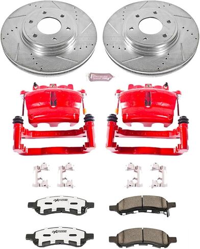 PowerStop Front Brake & Caliper Kit for Chevrolet Trailblazer 2006-09 | Saab 9-7x 2008-09 - Drilled & Slotted Disc Rotors + Carbon-Fiber Ceramic Brake Pads + Red-Powder Coated Calipers, KC1453-26 in Kuwait