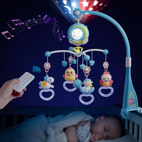 ألعاب سرير أطفال متنقلة موسيقية صغيرة من Tudou Baby مع جهاز عرض وإضاءة، وظيفة توقيت، جهاز تحكم عن بعد لسرير الأطفال المحمول مع صندوق موسيقى وخشخيشات، هدية للأطفال حديثي الولادة من الأولاد والبنات in Saudi Arabia