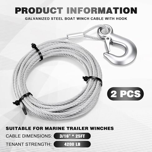 Moxweyeni 2 Pack Galvanized Steel Winch Cable with Hook, 3/16 Inch x 25 Feet, 4200 Lbs, Breaking Strength, Heavy Duty Winch Cable Replacement for ATV UTV Tow Truck, Trailer Boat Off-Road Recovery in Kuwait