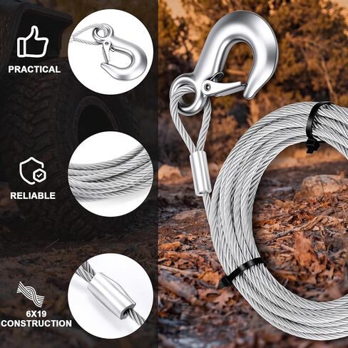 Moxweyeni 2 Pack Galvanized Steel Winch Cable with Hook, 3/16 Inch x 25 Feet, 4200 Lbs, Breaking Strength, Heavy Duty Winch Cable Replacement for ATV UTV Tow Truck, Trailer Boat Off-Road Recovery in Kuwait