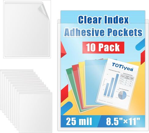 TOTiyea 10-Pack Clear Adhesive Pockets, Letter Size 8.5" x 11" Self-Stick Sheet Protectors for Classroom & Office, Waterproof, Wipe-Clean, Crystal Clear Document Holders (10) in Kuwait
