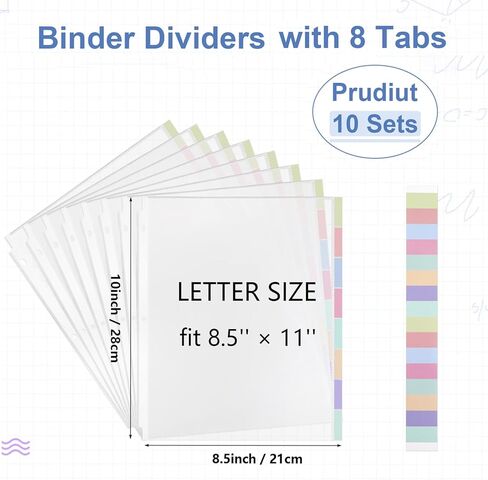 Prudiut 10 Set of 80-Pcs Clear Sheet Protectors for 3 Ring Binder, 8.5 x 11 Inch Plastic Binder Sleeves with 8 Tab Dividers and Colored Index Labels - Waterproof Page Protectors for Office, School in Kuwait