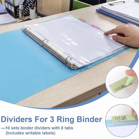 Prudiut 10 Set of 80-Pcs Clear Sheet Protectors for 3 Ring Binder, 8.5 x 11 Inch Plastic Binder Sleeves with 8 Tab Dividers and Colored Index Labels - Waterproof Page Protectors for Office, School in Kuwait