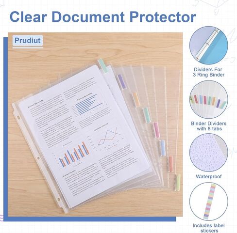 Prudiut 10 Set of 80-Pcs Clear Sheet Protectors for 3 Ring Binder, 8.5 x 11 Inch Plastic Binder Sleeves with 8 Tab Dividers and Colored Index Labels - Waterproof Page Protectors for Office, School in Kuwait