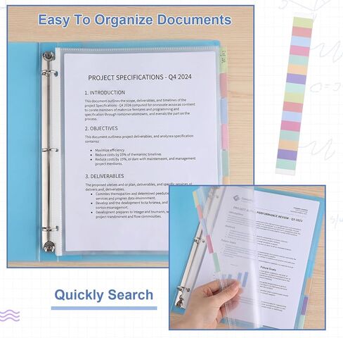 Prudiut 10 Set of 80-Pcs Clear Sheet Protectors for 3 Ring Binder, 8.5 x 11 Inch Plastic Binder Sleeves with 8 Tab Dividers and Colored Index Labels - Waterproof Page Protectors for Office, School in Kuwait