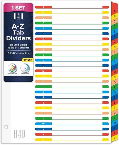 فواصل مجلد الحروف الأبجدية H4D لملف ثلاثي الحلقات، فواصل علامات التبويب A-Z مع جدول محتويات قابل للتخصيص، علامات تبويب متعددة الألوان، فتحات معززة، حجم الحروف، باستيل، مجموعة واحدة in Kuwait
