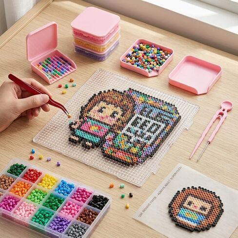 7PCS Fuse Beads Tool Kit for 2.6mm Mini Beads, Efficient Precision Bead Picker with Single Needle Tweezers, Alignment & Sorting Tray, Craft Storage Box for DIY Pixel Art (Pink) in Kuwait