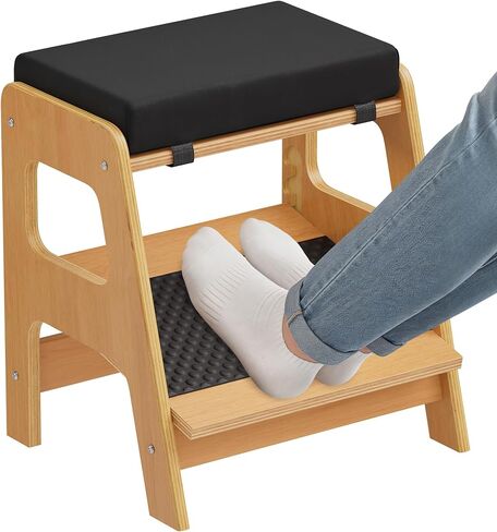 Adjustable Wooden Foot Rest, Double Step Footstool with 3 Height Levels, Cushioned Top & Non-Slip Base, Ergonomic Under Desk Leg Rest for Office Home in Kuwait