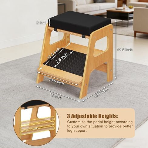 Adjustable Wooden Foot Rest, Double Step Footstool with 3 Height Levels, Cushioned Top & Non-Slip Base, Ergonomic Under Desk Leg Rest for Office Home in Kuwait