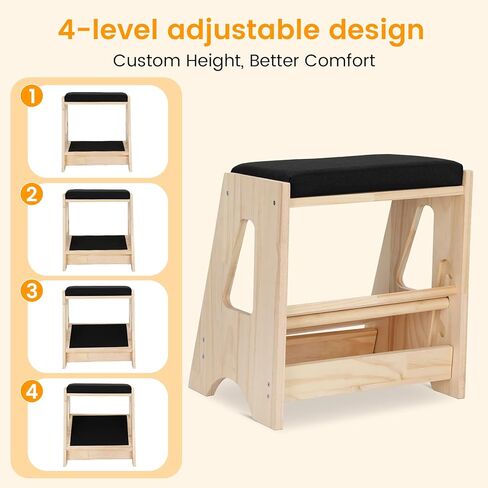 Double Step Footrest Under Desk,4 Adjustable Heights with Adjustment Stem,Adjustable lErgonomic Foot Stool Under Desk for Home &Office,Cushioned Top &Non-Slip Surface,Excellent Pine Wood in Kuwait