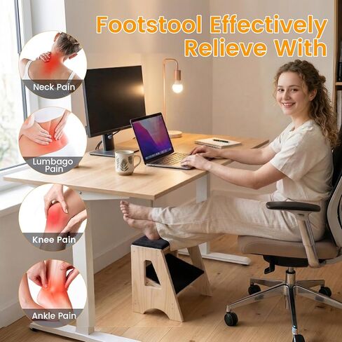 Double Step Footrest Under Desk,4 Adjustable Heights with Adjustment Stem,Adjustable lErgonomic Foot Stool Under Desk for Home &Office,Cushioned Top &Non-Slip Surface,Excellent Pine Wood in Kuwait