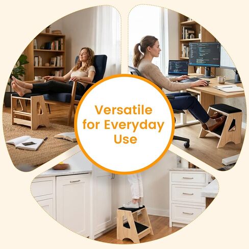 Double Step Footrest Under Desk,4 Adjustable Heights with Adjustment Stem,Adjustable lErgonomic Foot Stool Under Desk for Home &Office,Cushioned Top &Non-Slip Surface,Excellent Pine Wood in Kuwait