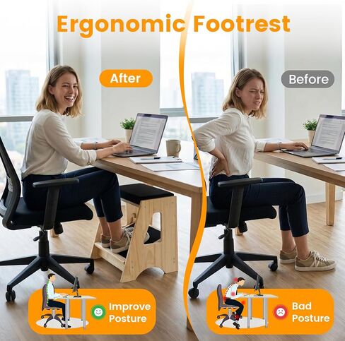 Double Step Footrest Under Desk,4 Adjustable Heights with Adjustment Stem,Adjustable lErgonomic Foot Stool Under Desk for Home &Office,Cushioned Top &Non-Slip Surface,Excellent Pine Wood in Kuwait