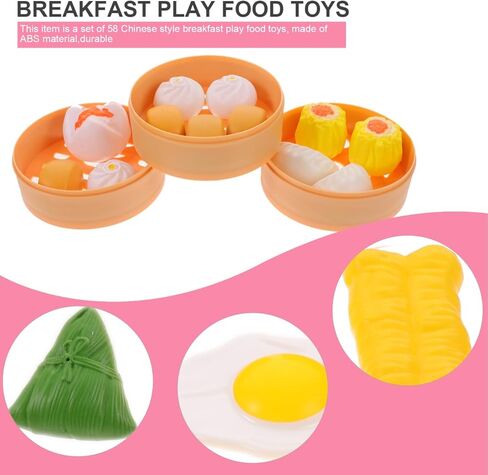 Totority Breakfast Play Food Set 58Pcs Pretend Role Play Kitchen Toys Chinese Dim Sum Food Accessories Educational Cooking Toy for Toddlers in Kuwait