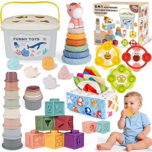 Montessori Toys for Babies 6-12-18 Months 6 in 1 Infant Toy Stacking Cups, Shape Sorter Box, Suction Spinner, Building Blocks Ring, Tissue Box, Learning Gift for Toddler 1 2 3 Year Old in Kuwait