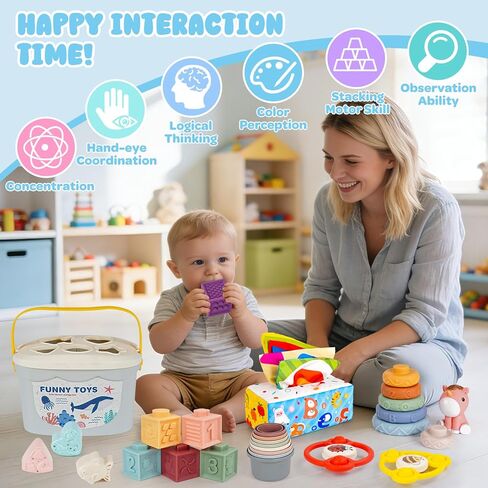 Montessori Toys for Babies 6-12-18 Months 6 in 1 Infant Toy Stacking Cups, Shape Sorter Box, Suction Spinner, Building Blocks Ring, Tissue Box, Learning Gift for Toddler 1 2 3 Year Old in Kuwait