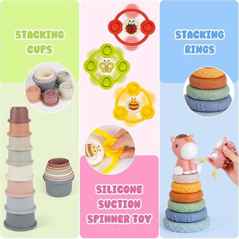 Montessori Toys for Babies 6-12-18 Months 6 in 1 Infant Toy Stacking Cups, Shape Sorter Box, Suction Spinner, Building Blocks Ring, Tissue Box, Learning Gift for Toddler 1 2 3 Year Old in Kuwait