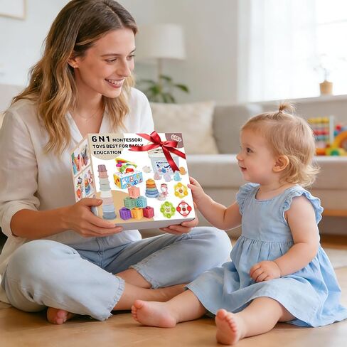 Montessori Toys for Babies 6-12-18 Months 6 in 1 Infant Toy Stacking Cups, Shape Sorter Box, Suction Spinner, Building Blocks Ring, Tissue Box, Learning Gift for Toddler 1 2 3 Year Old in Kuwait