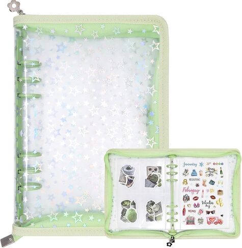 A5 6 Ring Binder Cover Transparent PVC Notebook Shell with Zipper Glitter Planner Binder Folders Sparkling Budget Binder for Cash Budget System (Green) in Saudi Arabia