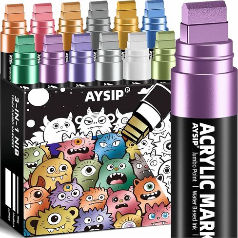 12 Colors Jumbo Markers Set, 15mm Large Wide Tip, Thick Acrylic Paint Markers for Painting, Rock, Window, Glass, Wood, Fabric in Kuwait