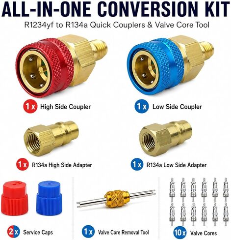 R1234yf Adapter & 1234yf Refrigerant Recharge Kit – R1234yf to R134a Adapter with Valve Core Removal Tool, AC Pro Recharge Kit R134a Compatible, 1234yf Adapter for Auto Air Conditioning Evacuation in Kuwait