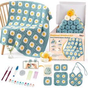 مجموعة Fitsu Crochet للمبتدئين، مجموعة أدوات الكروشيه المربعة من Daisy Granny مع خيوط وخطافات وكتاب خطوة بخطوة ودروس فيديو، مجموعة هدايا سهلة التعلم للكروشيه للبالغين والمبتدئين in Kuwait