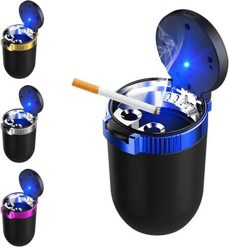Car Ashtray with Lid, Detachable Stainless Steel Smokeless Ash Tray with LED Blue Light, Waterproof Portable Mini Auto Trash Can for Vehicle Cup Holder, Car Accessories (Blue) in Kuwait