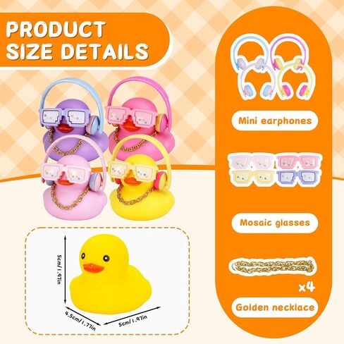 4pcs Earphone Duck Set - Funny Squeaky Rubber Ducks with 4 Colorful Earphones, Mosaic Glasses & Gold Necklaces for Car Dashboard Decoration, Office Desk Decor in Saudi Arabia