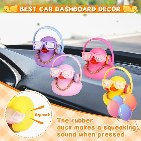 4pcs Earphone Duck Set - Funny Squeaky Rubber Ducks with 4 Colorful Earphones, Mosaic Glasses & Gold Necklaces for Car Dashboard Decoration, Office Desk Decor in Saudi Arabia
