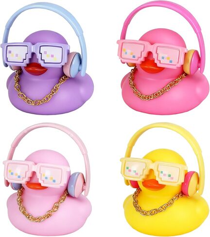 4pcs Earphone Duck Set - Funny Squeaky Rubber Ducks with 4 Colorful Earphones, Mosaic Glasses & Gold Necklaces for Car Dashboard Decoration, Office Desk Decor in Saudi Arabia