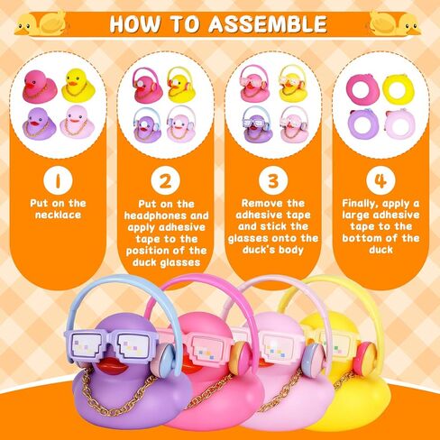 4pcs Earphone Duck Set - Funny Squeaky Rubber Ducks with 4 Colorful Earphones, Mosaic Glasses & Gold Necklaces for Car Dashboard Decoration, Office Desk Decor in Saudi Arabia