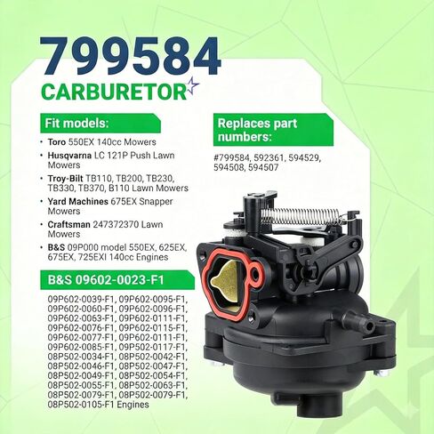 799584 المكربن ​​لمحرك سلسلة 550ex 625ex 675ex 725exi، مكربن ​​جزازة العشب 163cc متوافق مع TB110 TB200 09P702 103M02، يستبدل 594058 594057 592361 594529 in Kuwait
