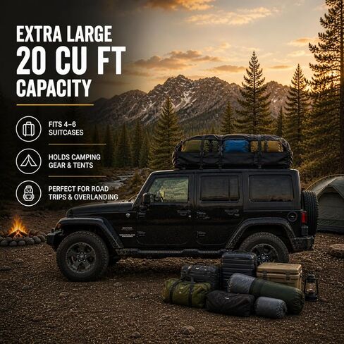 SR1 Performance USA Waterproof Rooftop Cargo Bag – Car Roof Carrier for Cars/SUVs with/Without Rack, Includes Non-Slip Mat, Heavy-Duty Straps, Lock for Secure Travel Storage (20 Cubic Feet, No Logo) in Saudi Arabia