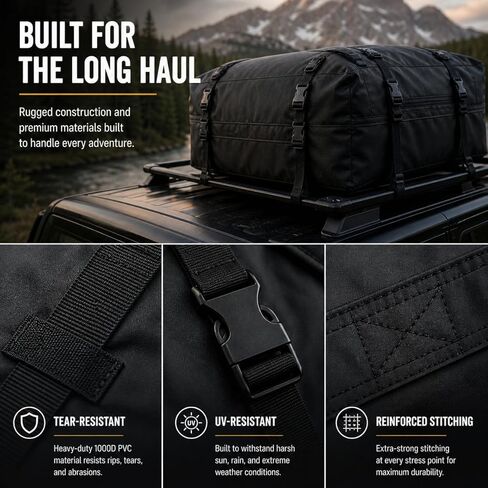 SR1 Performance USA Waterproof Rooftop Cargo Bag – Car Roof Carrier for Cars/SUVs with/Without Rack, Includes Non-Slip Mat, Heavy-Duty Straps, Lock for Secure Travel Storage (20 Cubic Feet, No Logo) in Saudi Arabia