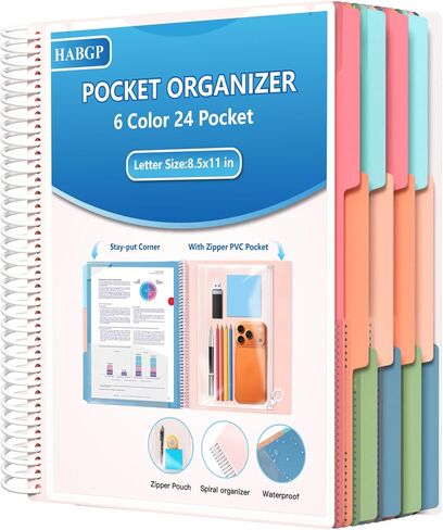 HABGP 12 Pocket Plastic folders with Pockets, 6 Colors Multi Pocket Folder Binder with Dividers, Office Organizer Folder Letter Size School Supplies in Saudi Arabia