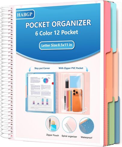 HABGP 12 Pocket Plastic folders with Pockets, 6 Colors Multi Pocket Folder Binder with Dividers, Office Organizer Folder Letter Size School Supplies in Saudi Arabia