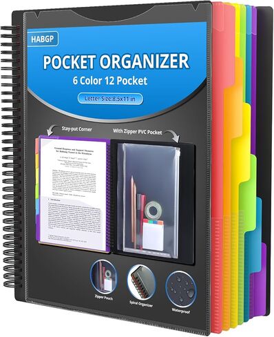 HABGP 12 Pocket Plastic folders with Pockets, 6 Colors Multi Pocket Folder Binder with Dividers, Office Organizer Folder Letter Size School Supplies in Saudi Arabia