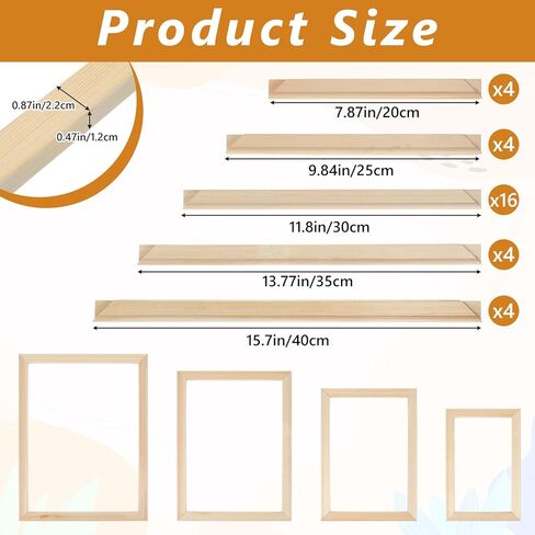 Yuanan 8 Sets Wood DIY Canvas Stretcher Bars, 4 Sizes Canvas Frame Easy to Assemble Sturdy Stretchers Frame for Arts, Oil Paintings, Paint by Numbers,Posters-7.87/9.84/11.8/13.77/15.7inch in Kuwait