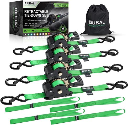 Retractable Ratchet Straps (4-Pack) - 1 Inch x 10 Feet (1,764lb Break Strength) - Auto Self Retracting Tie Down Straps Heavy Duty for Motorcycle, ATV, UTV, Truck, Cargo Trailer - Black in Kuwait