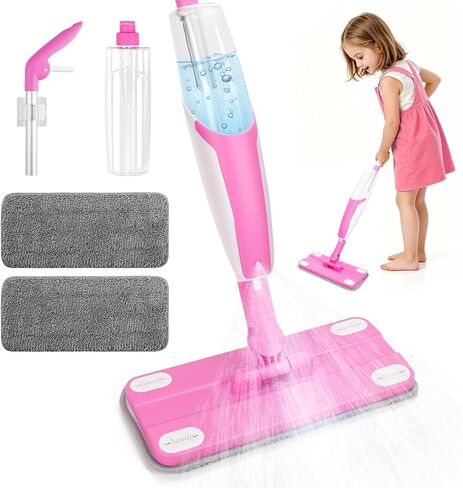 Kids Spray Mop, Toddler Cleaning Set with Real Water Sprayer, 2 Washable Mop Pads & Storage Clip, Pretend Play Montessori Housekeeping Toys for Boys Girls Ages 3 4 5 6 7 8 in Kuwait