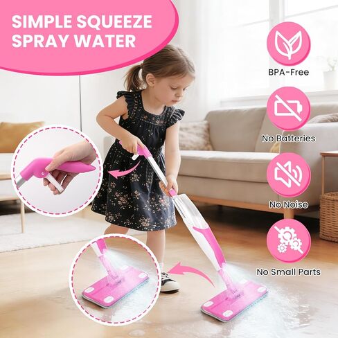 Kids Spray Mop, Toddler Cleaning Set with Real Water Sprayer, 2 Washable Mop Pads & Storage Clip, Pretend Play Montessori Housekeeping Toys for Boys Girls Ages 3 4 5 6 7 8 in Kuwait