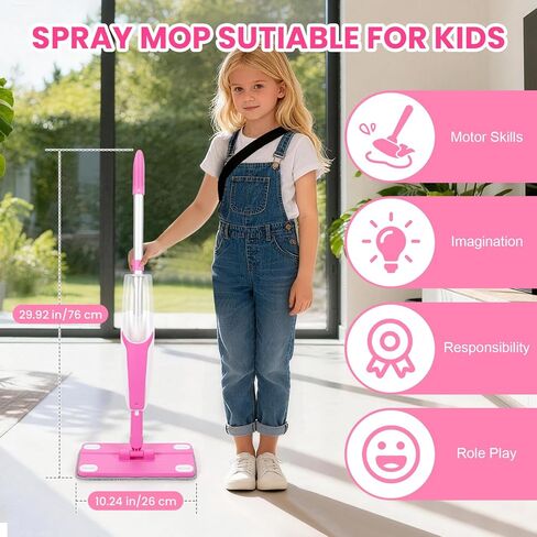 Kids Spray Mop, Toddler Cleaning Set with Real Water Sprayer, 2 Washable Mop Pads & Storage Clip, Pretend Play Montessori Housekeeping Toys for Boys Girls Ages 3 4 5 6 7 8 in Kuwait