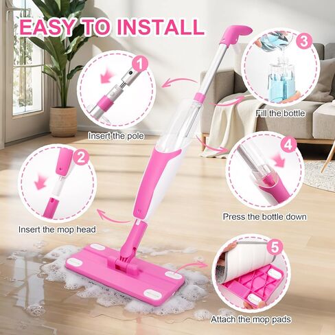Kids Spray Mop, Toddler Cleaning Set with Real Water Sprayer, 2 Washable Mop Pads & Storage Clip, Pretend Play Montessori Housekeeping Toys for Boys Girls Ages 3 4 5 6 7 8 in Kuwait