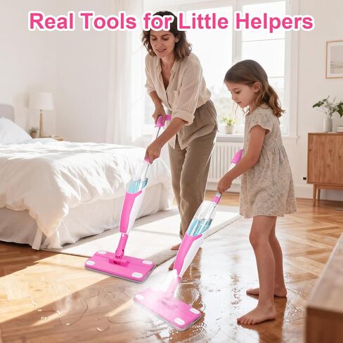 Kids Spray Mop, Toddler Cleaning Set with Real Water Sprayer, 2 Washable Mop Pads & Storage Clip, Pretend Play Montessori Housekeeping Toys for Boys Girls Ages 3 4 5 6 7 8 in Kuwait