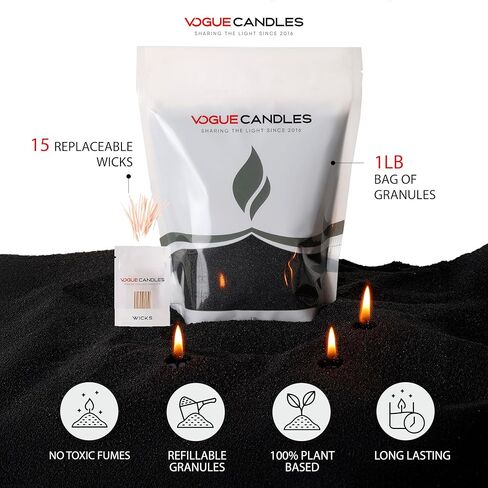 Vogue Candles Granulated Black Wax Refill – 1LB Pearled Candle Sand Wax – Sand Candle Kit with 15 Cotton Wicks for DIY Home Lighting – Plant-Based & Reusable for Clean Burning, Custom Vessels & Décor in Kuwait