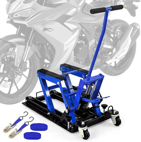 1500 LBS Hydraulic Motorcycle Lift Jack, Heavy-Duty Motorcycle Jack Stand with 2 Ratchet Belts, Foot-Operated ATV Lift & Motorcycle Lift Stand, Adjustable Essential Motorcycle Accessories, Blue in Kuwait
