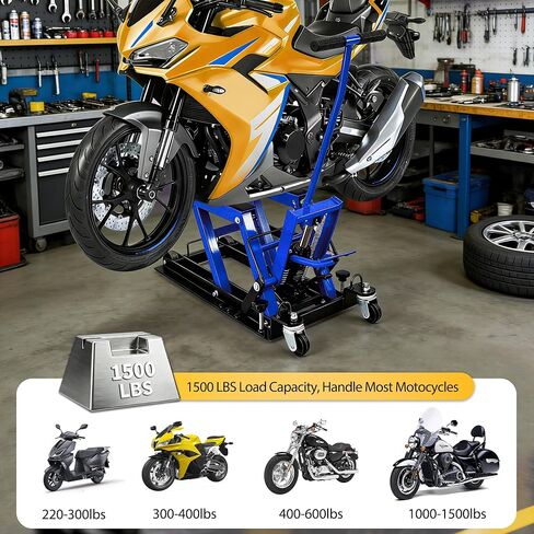 1500 LBS Hydraulic Motorcycle Lift Jack, Heavy-Duty Motorcycle Jack Stand with 2 Ratchet Belts, Foot-Operated ATV Lift & Motorcycle Lift Stand, Adjustable Essential Motorcycle Accessories, Blue in Saudi Arabia